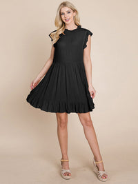 WOMEN'S RUFFLE SLEEVE MOCK NECK FRONT POCKETS TIERED MINI DRESS