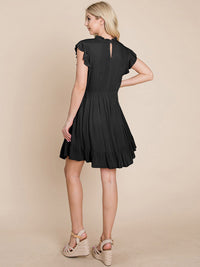 WOMEN'S RUFFLE SLEEVE MOCK NECK FRONT POCKETS TIERED MINI DRESS