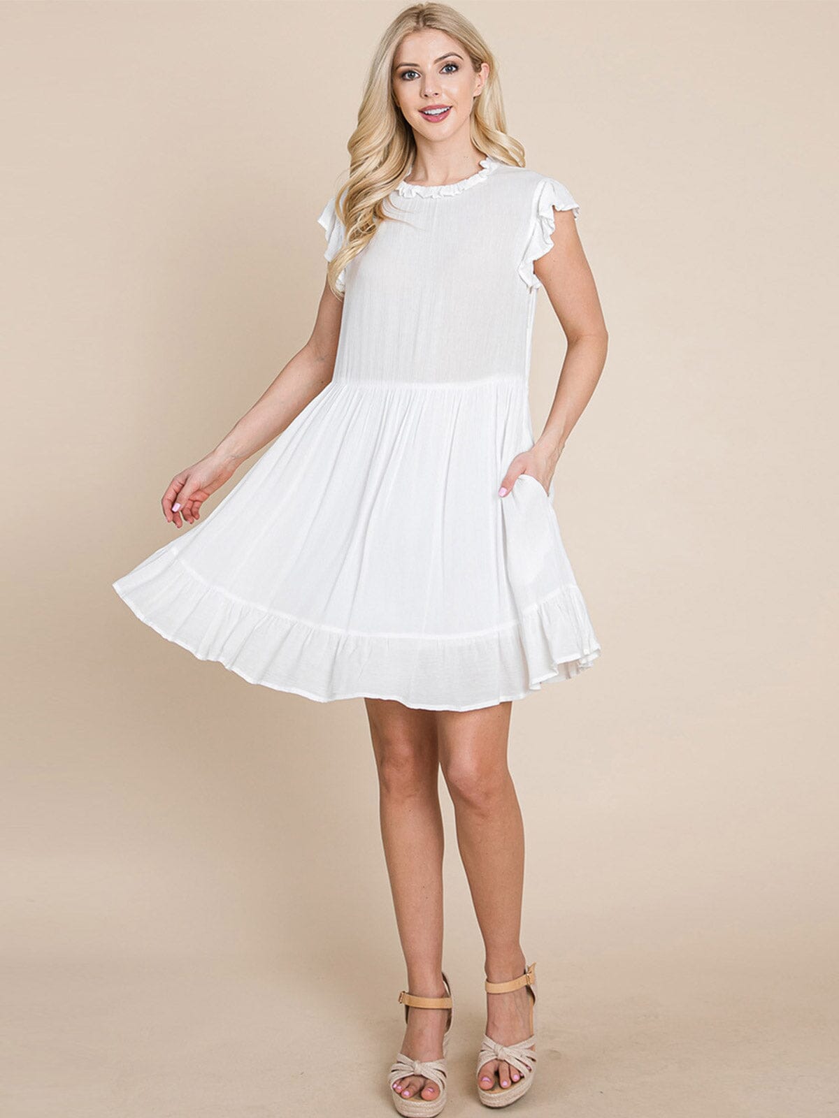WOMEN'S RUFFLE SLEEVE MOCK NECK FRONT POCKETS TIERED MINI DRESS