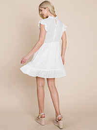WOMEN'S RUFFLE SLEEVE MOCK NECK FRONT POCKETS TIERED MINI DRESS