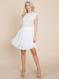 WOMEN'S RUFFLE SLEEVE MOCK NECK FRONT POCKETS TIERED MINI DRESS