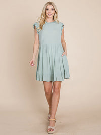 WOMEN'S RUFFLE SLEEVE MOCK NECK FRONT POCKETS TIERED MINI DRESS