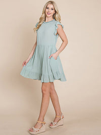 WOMEN'S RUFFLE SLEEVE MOCK NECK FRONT POCKETS TIERED MINI DRESS