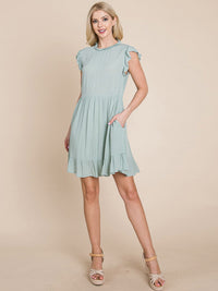 WOMEN'S RUFFLE SLEEVE MOCK NECK FRONT POCKETS TIERED MINI DRESS