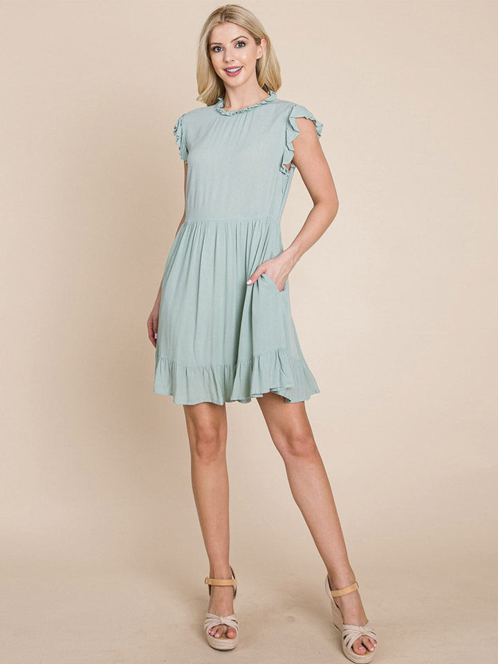 WOMEN'S RUFFLE SLEEVE MOCK NECK FRONT POCKETS TIERED MINI DRESS
