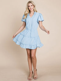 WOMEN'S SHORT SLEEVE V-NECK ELASTIC WAIST TIERED MINI DRESS