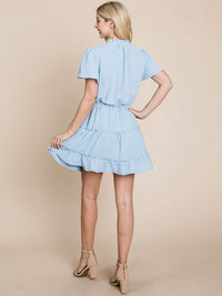 WOMEN'S SHORT SLEEVE V-NECK ELASTIC WAIST TIERED MINI DRESS