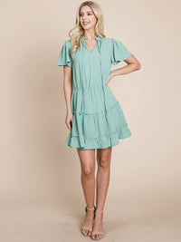 WOMEN'S SHORT SLEEVE V-NECK ELASTIC WAIST TIERED MINI DRESS