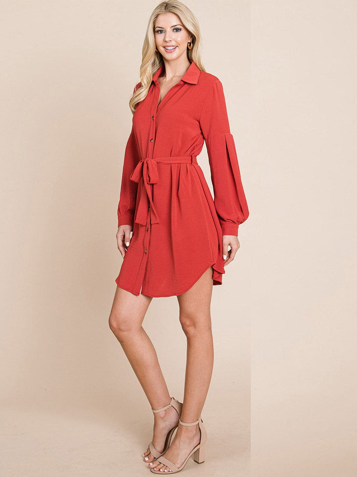 WOMEN'S LONG SLEEVE BUTTON UP SELF TIE MINI DRESS