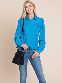 WOMEN'S LONG SLEEVE BUTTON UP SOLID BLOUSE