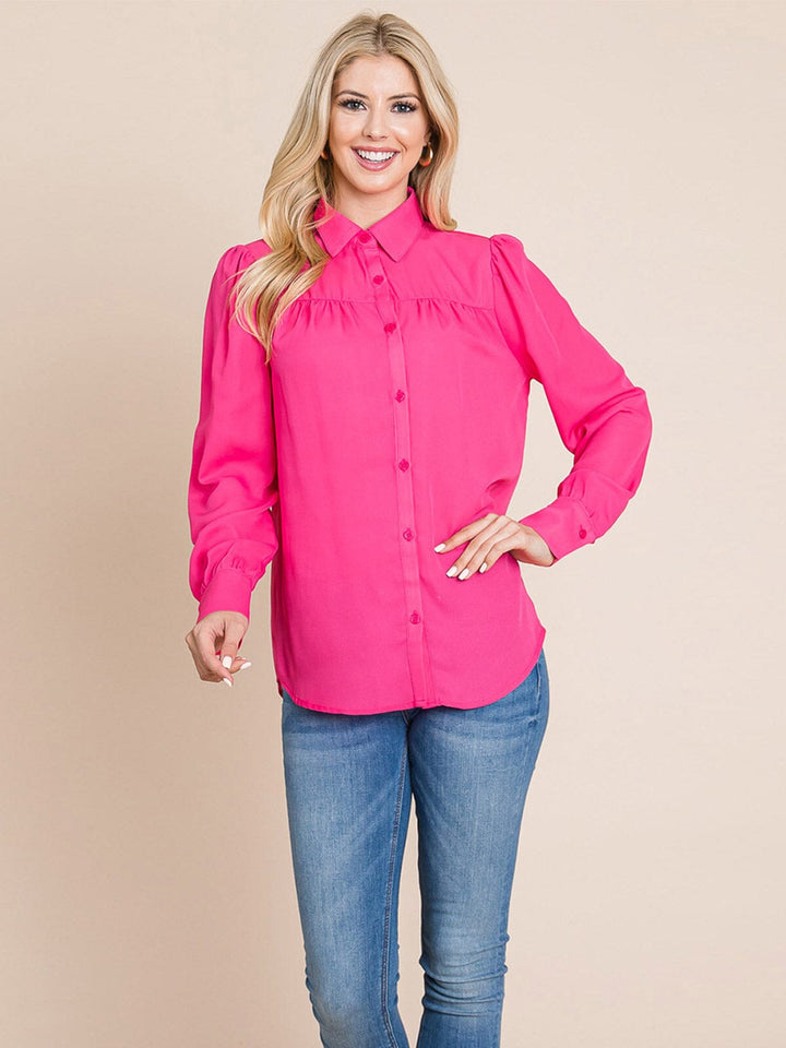 WOMEN'S LONG SLEEVE BUTTON UP SOLID BLOUSE