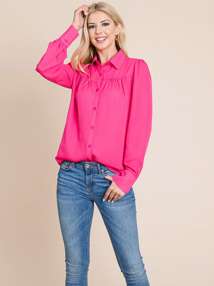 WOMEN'S LONG SLEEVE BUTTON UP SOLID BLOUSE