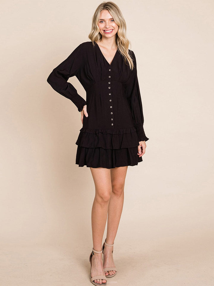 WOMEN'S LONG SLEEVE V-NECK BUTTON UP RUFFLE TIERED MINI DRESS
