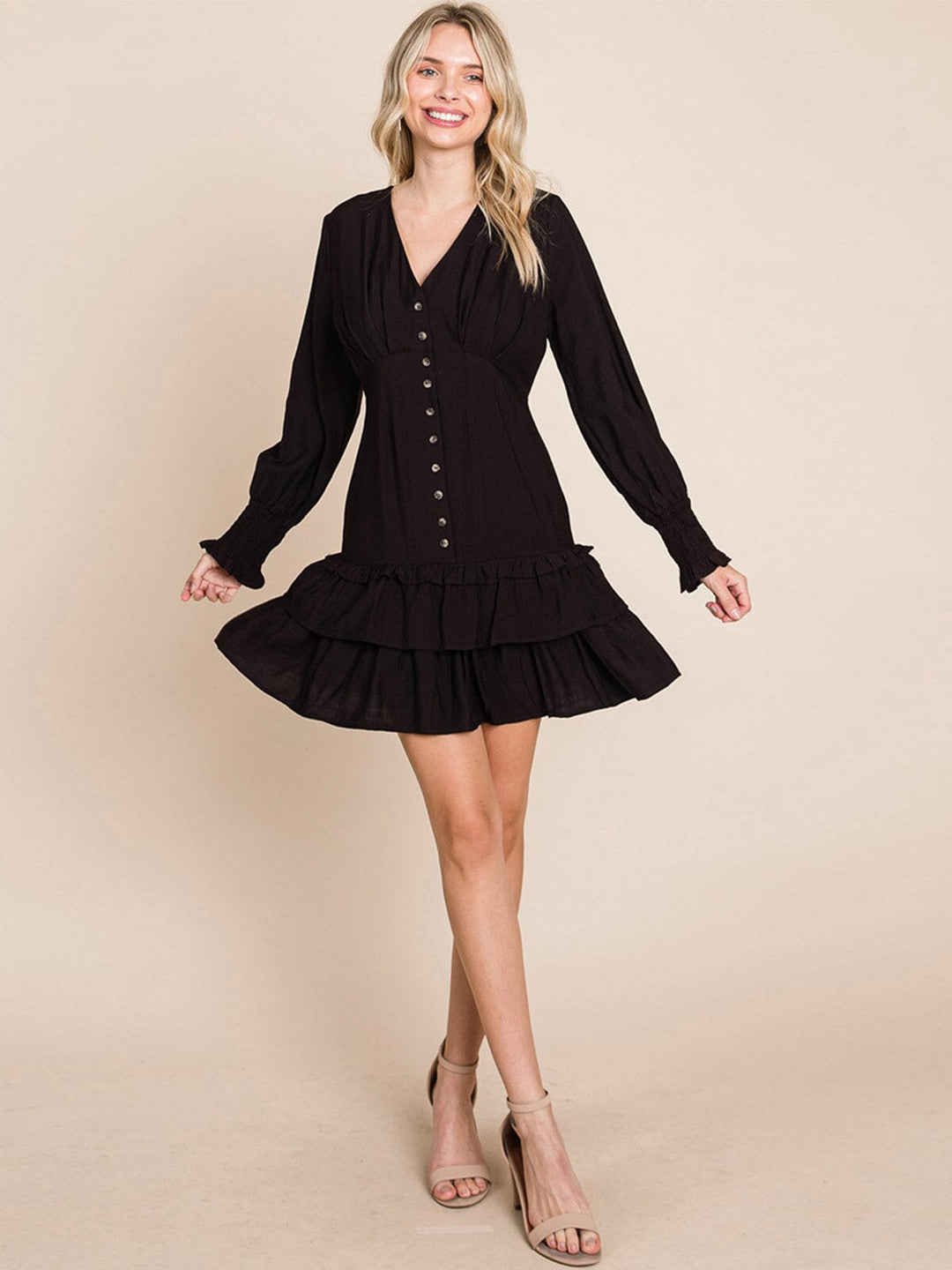 WOMEN'S LONG SLEEVE V-NECK BUTTON UP RUFFLE TIERED MINI DRESS