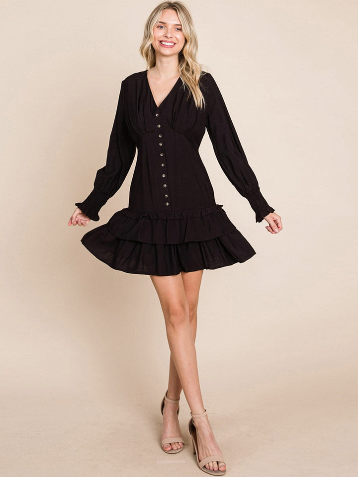 WOMEN'S LONG SLEEVE V-NECK BUTTON UP RUFFLE TIERED MINI DRESS
