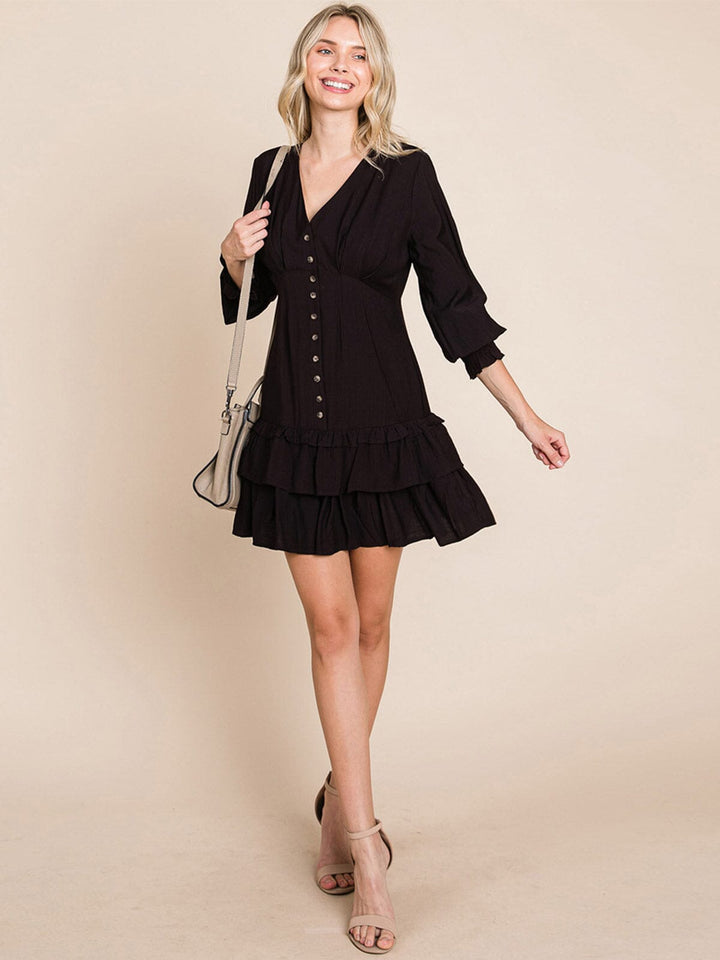 WOMEN'S LONG SLEEVE V-NECK BUTTON UP RUFFLE TIERED MINI DRESS
