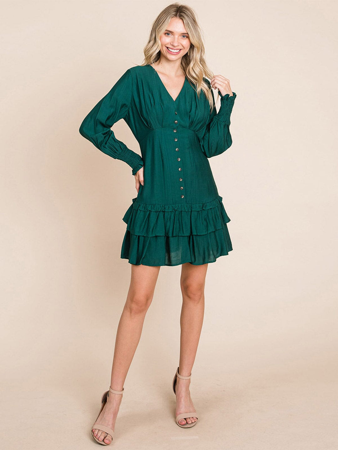 WOMEN'S LONG SLEEVE V-NECK BUTTON UP RUFFLE TIERED MINI DRESS