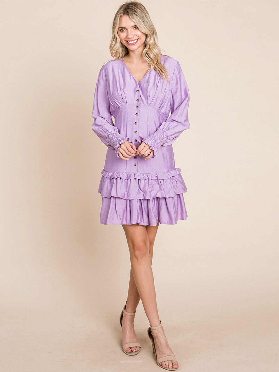 WOMEN'S LONG SLEEVE V-NECK BUTTON UP RUFFLE TIERED MINI DRESS