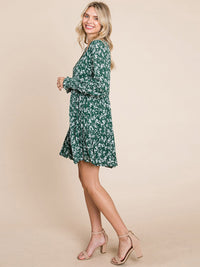 WOMEN'S 3/4 SLEEVE V-NECK FRONT POCKETS LOOSE FIT TIERED TUNIC FLORAL MINI DRESS
