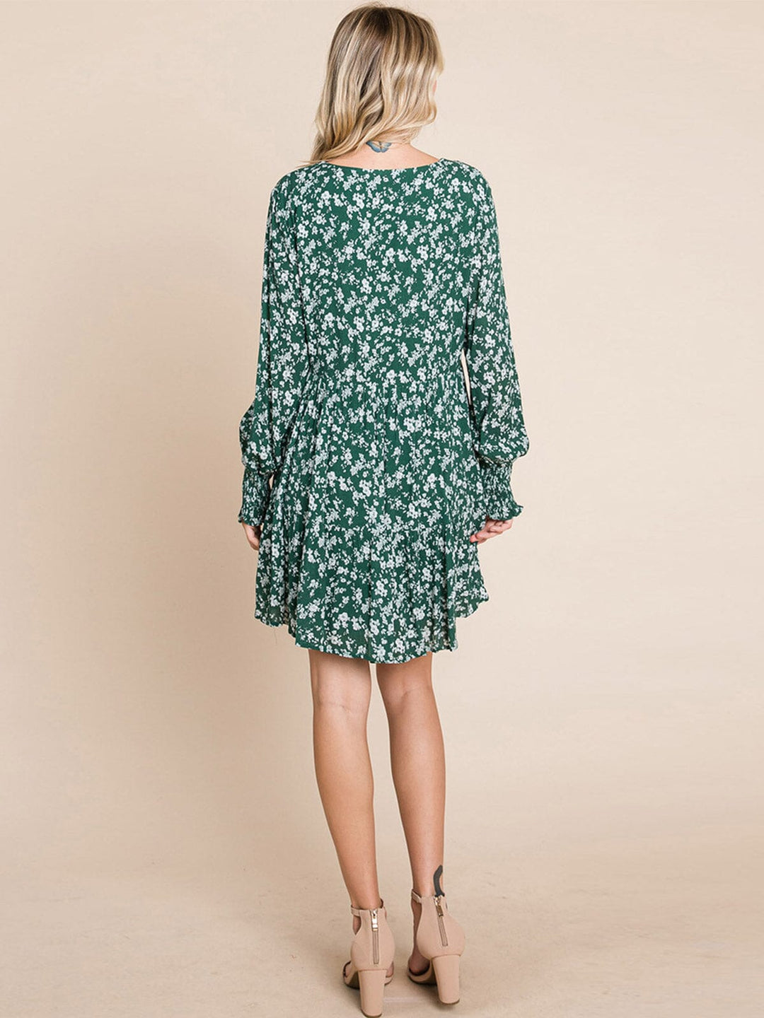 WOMEN'S 3/4 SLEEVE V-NECK FRONT POCKETS LOOSE FIT TIERED TUNIC FLORAL MINI DRESS