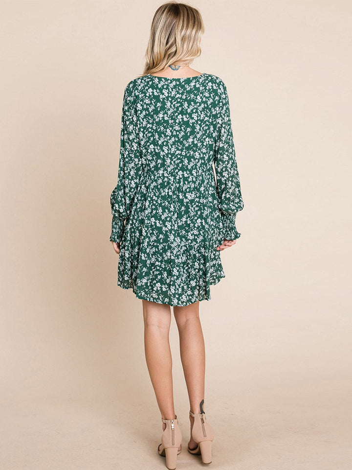 WOMEN'S 3/4 SLEEVE V-NECK FRONT POCKETS LOOSE FIT TIERED TUNIC FLORAL MINI DRESS