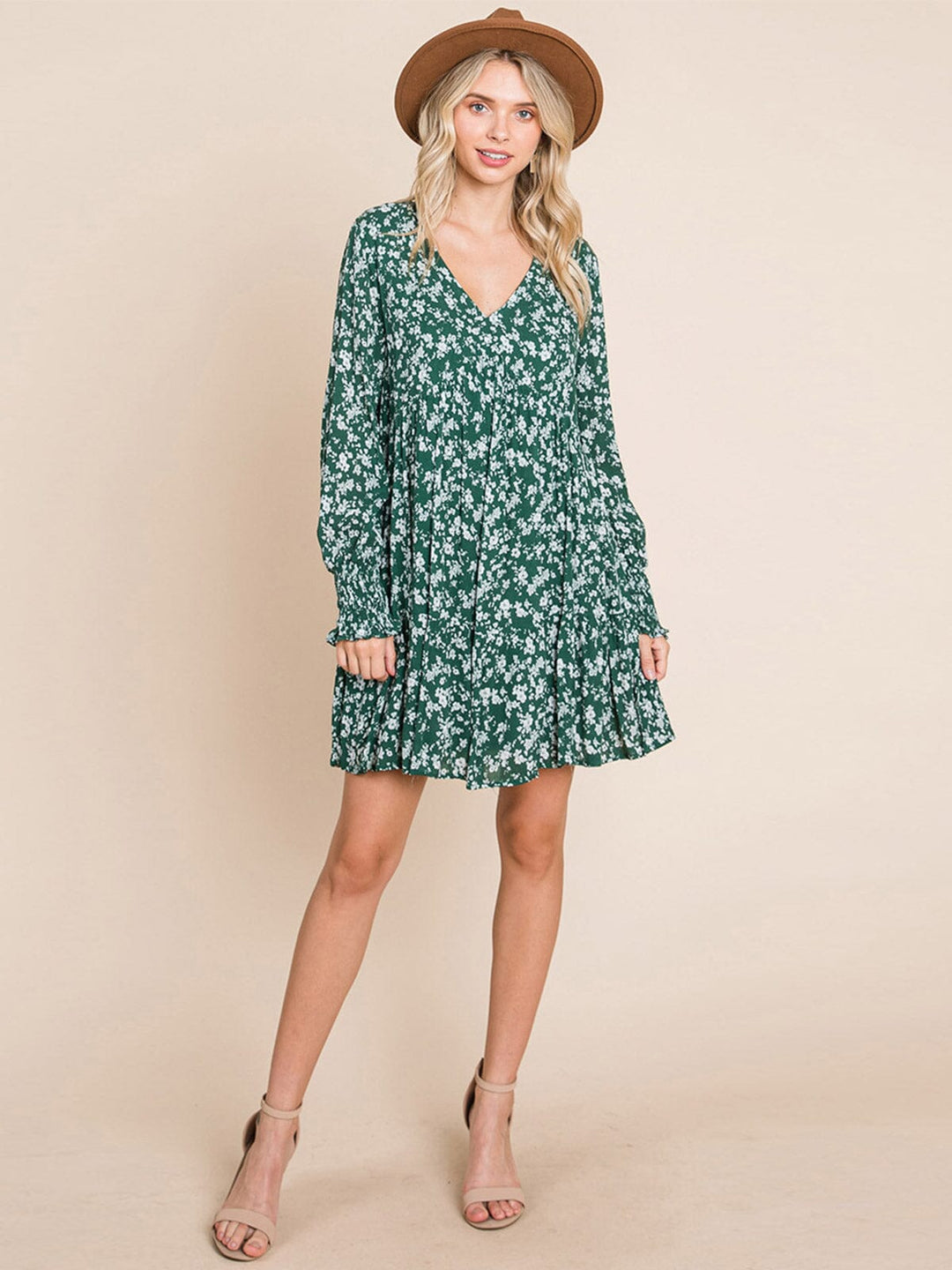 WOMEN'S 3/4 SLEEVE V-NECK FRONT POCKETS LOOSE FIT TIERED TUNIC FLORAL MINI DRESS