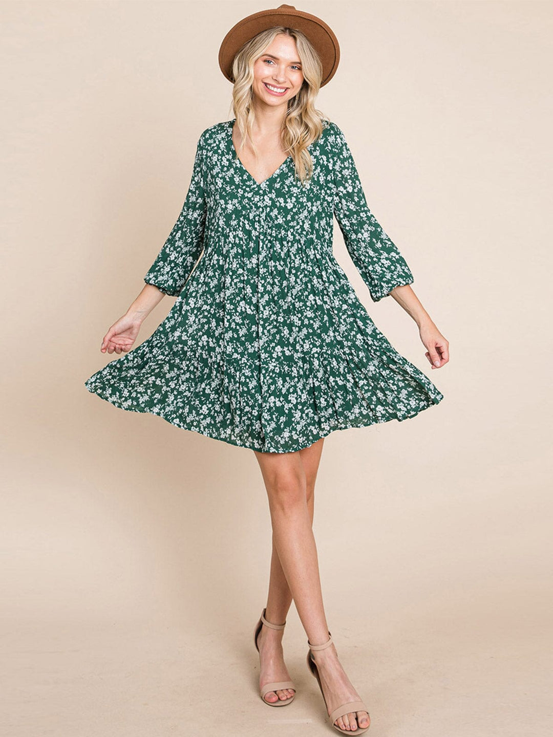 WOMEN'S 3/4 SLEEVE V-NECK FRONT POCKETS LOOSE FIT TIERED TUNIC FLORAL MINI DRESS