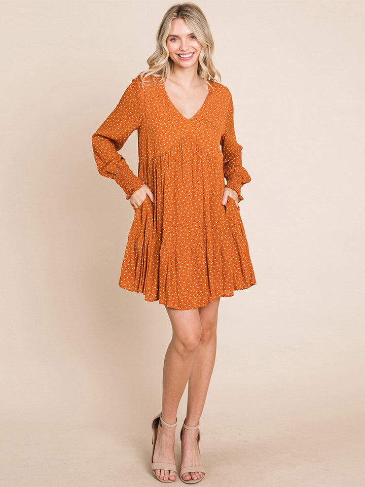 WOMEN'S 3/4 SLEEVE V-NECK FRONT POCKETS LOOSE FIT TIERED TUNIC FLORAL MINI DRESS