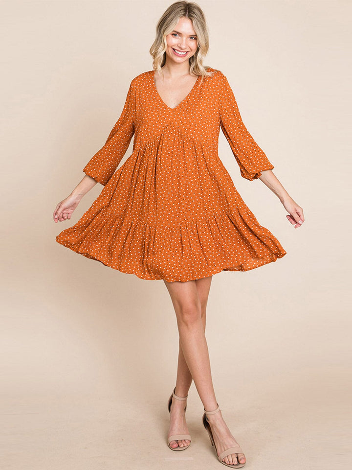 WOMEN'S 3/4 SLEEVE V-NECK FRONT POCKETS LOOSE FIT TIERED TUNIC FLORAL MINI DRESS