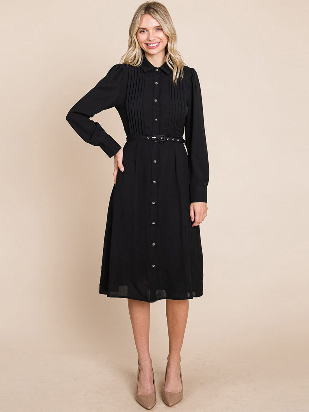 WOMEN'S LONG SLEEVE BUTTON UP BELTED MIDI DRESS