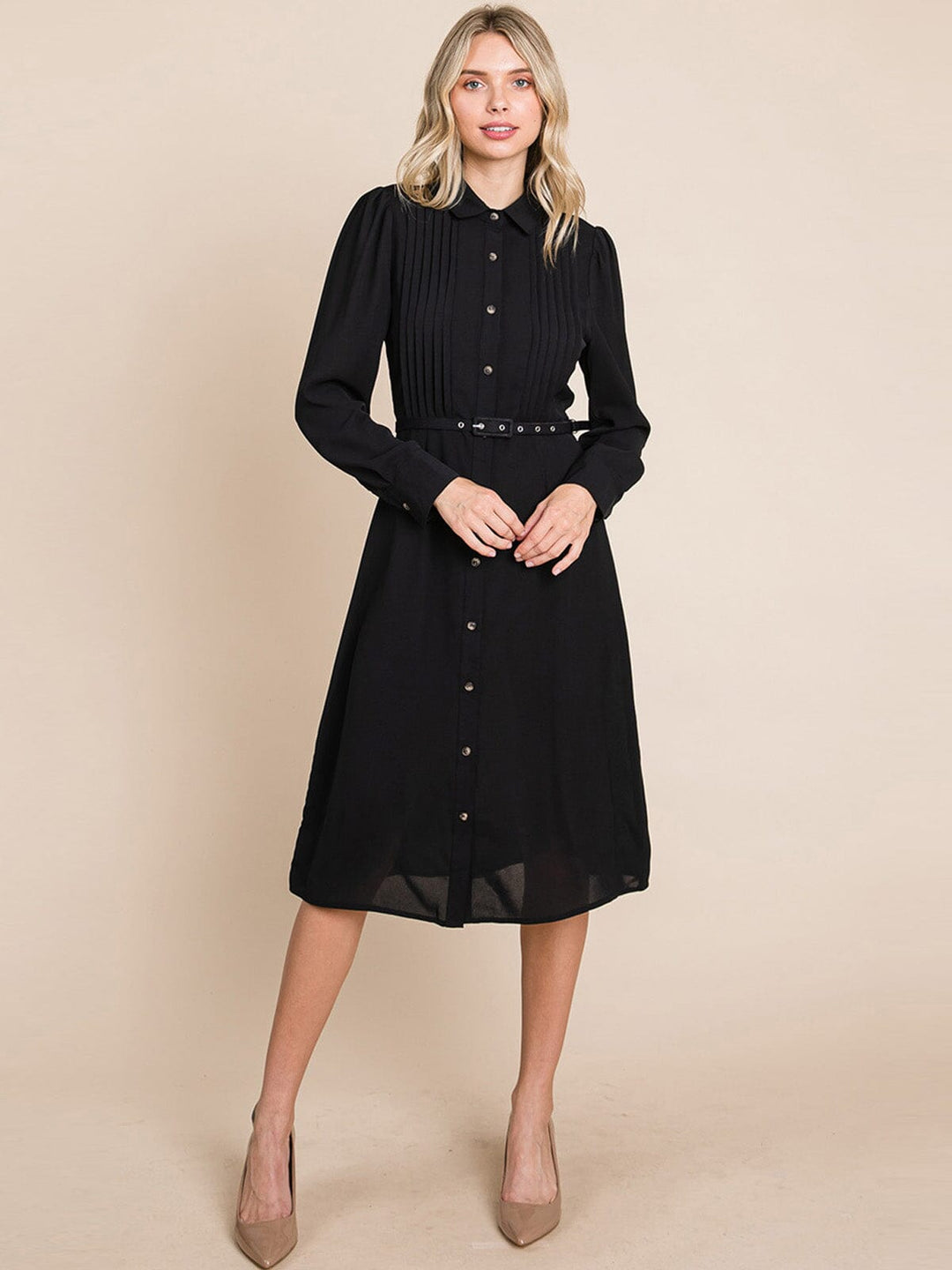 WOMEN'S LONG SLEEVE BUTTON UP BELTED MIDI DRESS