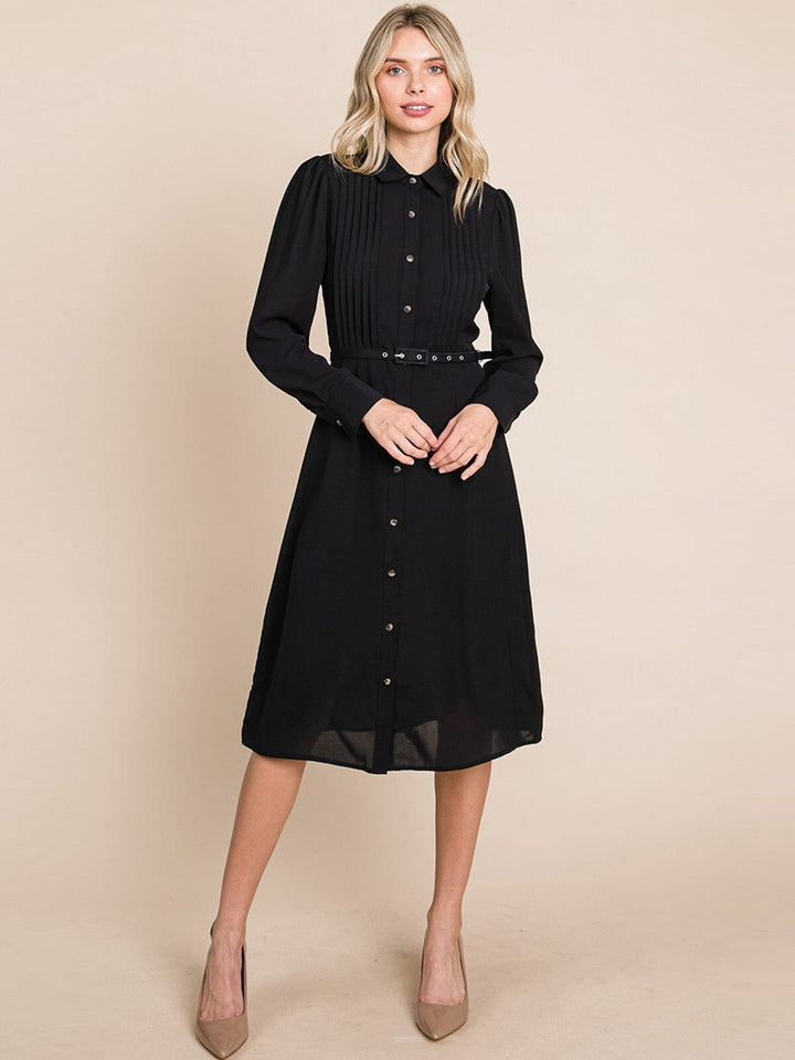 WOMEN'S LONG SLEEVE BUTTON UP BELTED MIDI DRESS