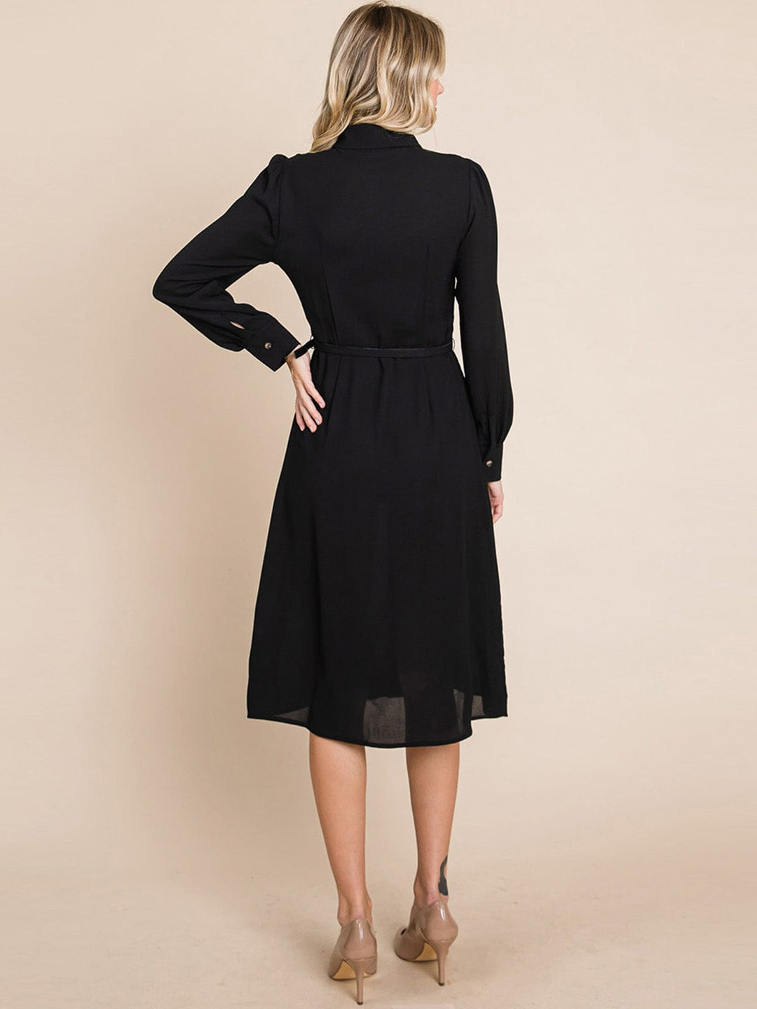 WOMEN'S LONG SLEEVE BUTTON UP BELTED MIDI DRESS
