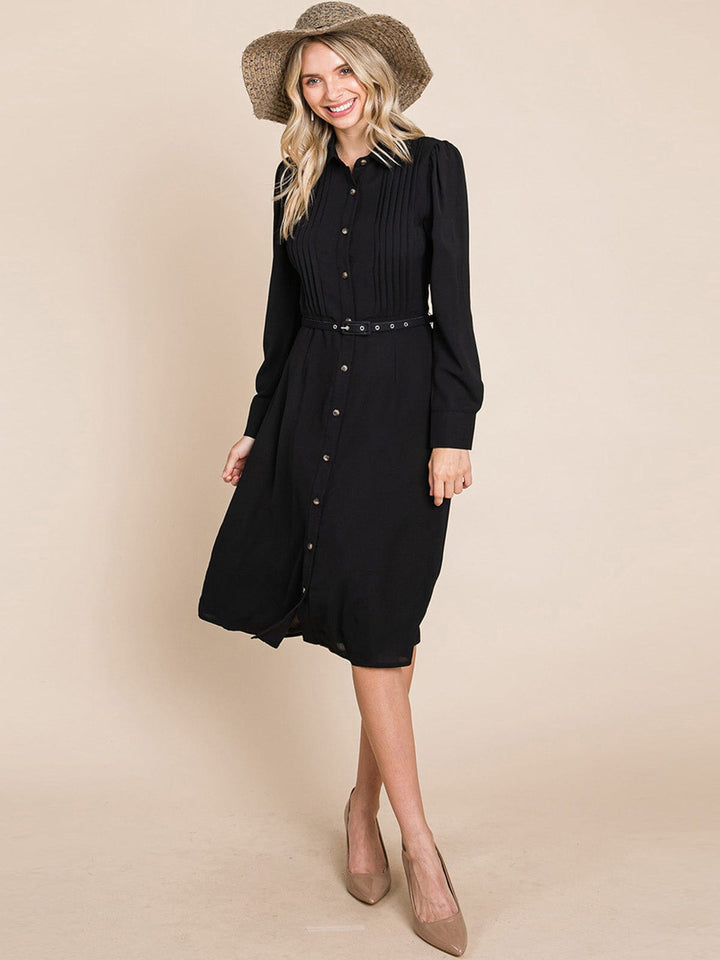WOMEN'S LONG SLEEVE BUTTON UP BELTED MIDI DRESS