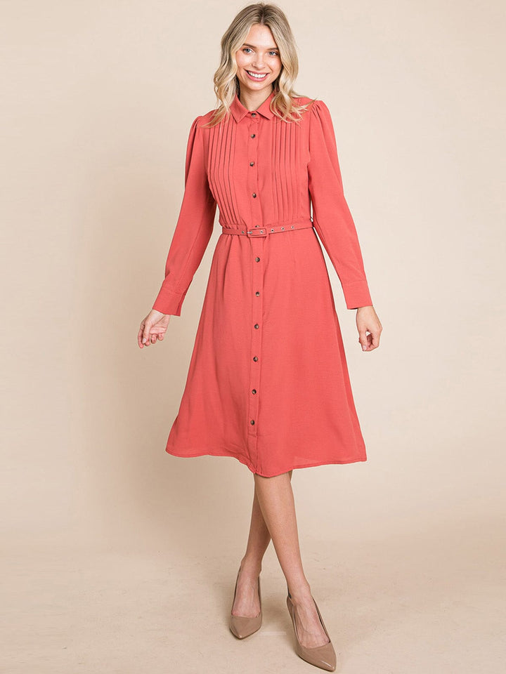 WOMEN'S LONG SLEEVE BUTTON UP BELTED MIDI DRESS
