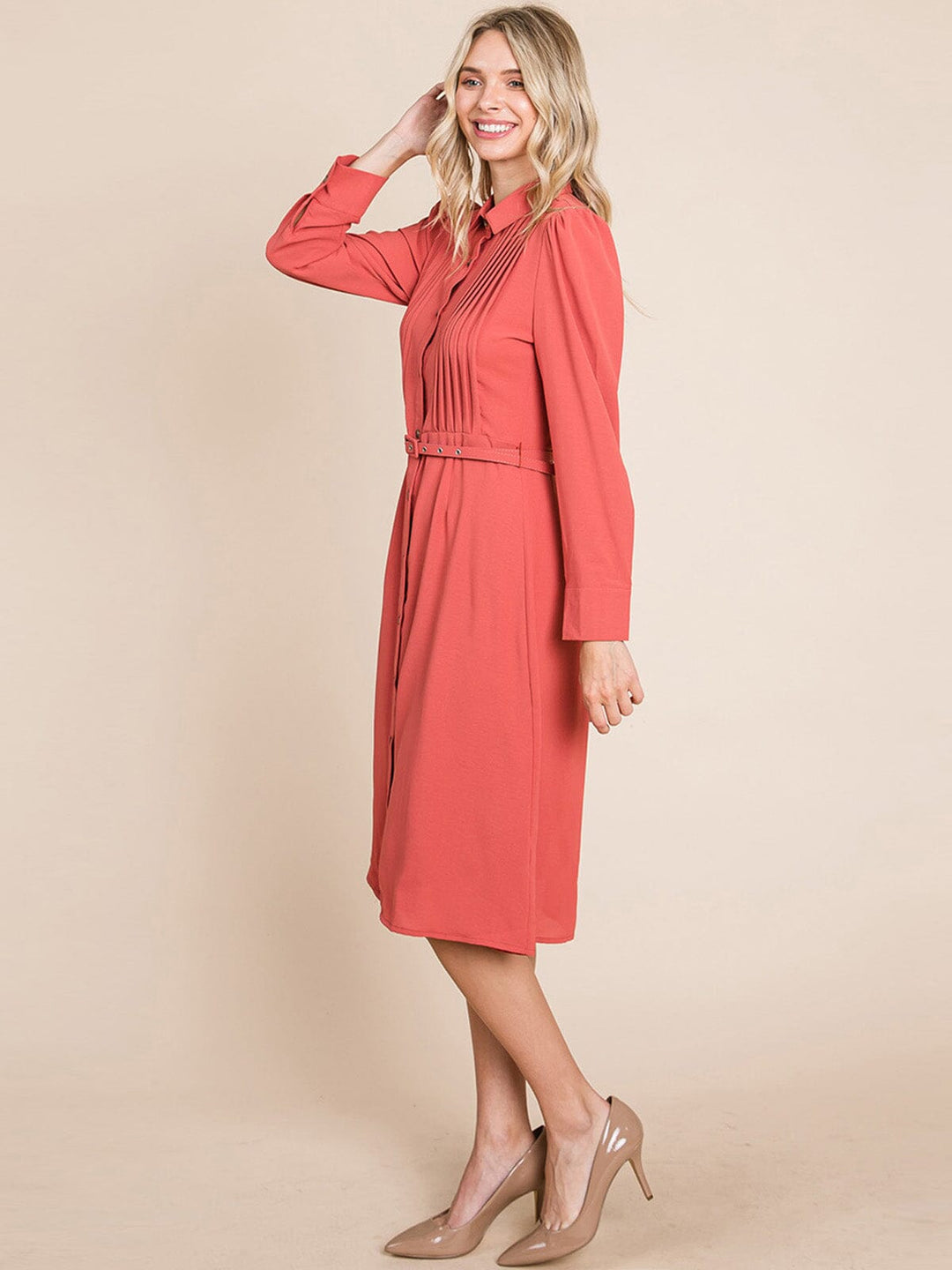 WOMEN'S LONG SLEEVE BUTTON UP BELTED MIDI DRESS