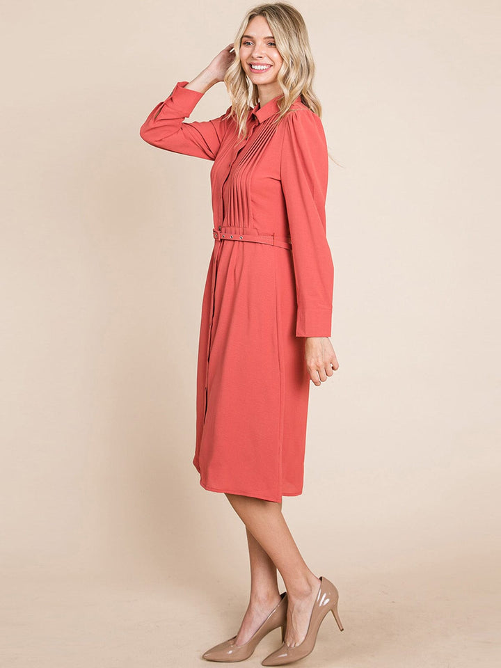 WOMEN'S LONG SLEEVE BUTTON UP BELTED MIDI DRESS
