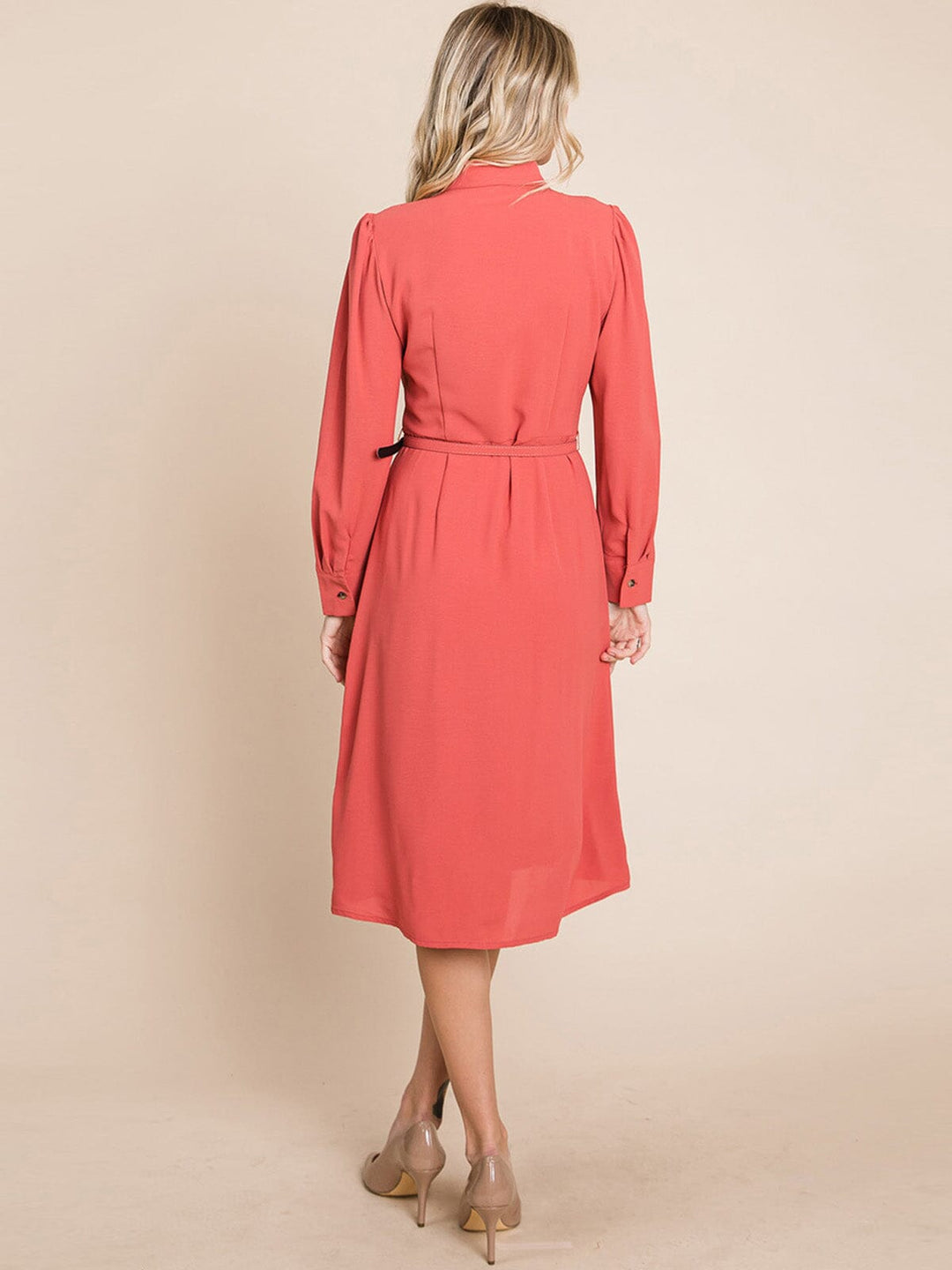 WOMEN'S LONG SLEEVE BUTTON UP BELTED MIDI DRESS