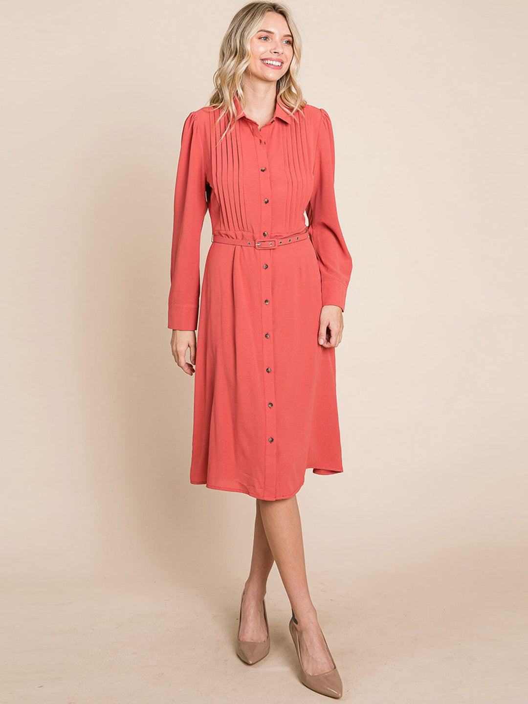WOMEN'S LONG SLEEVE BUTTON UP BELTED MIDI DRESS