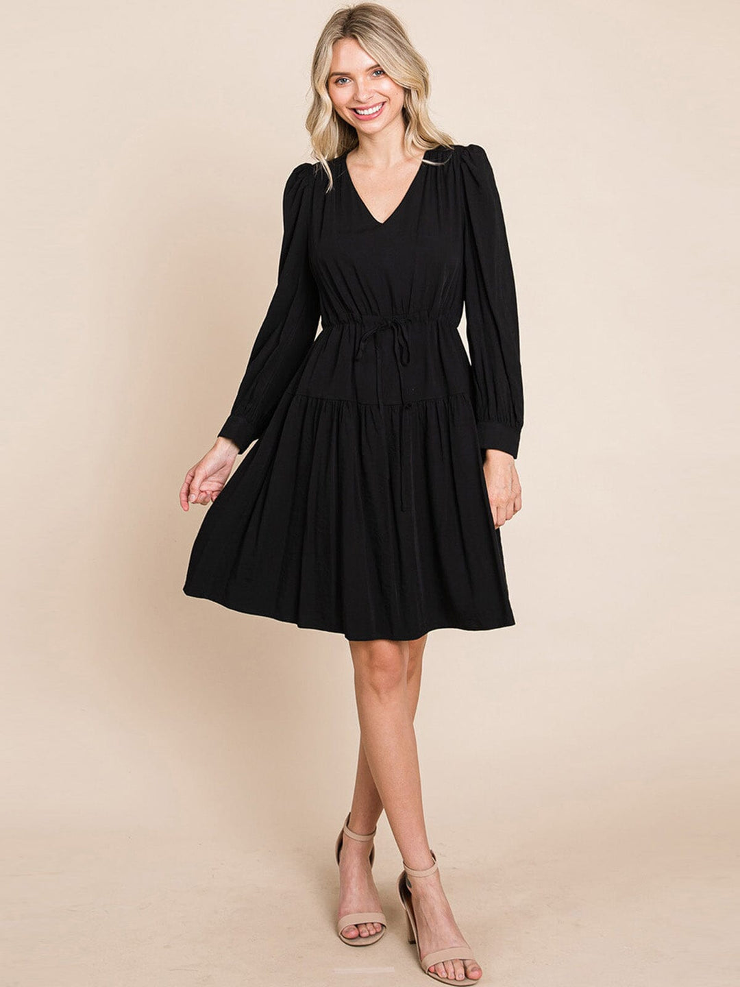 WOMEN'S LONG SLEEVE V-NECK FIT & FLARE TIERED MIDI DRESS