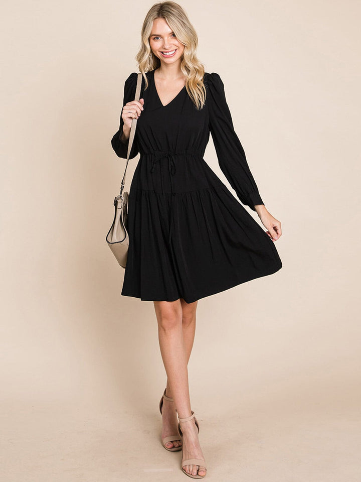 WOMEN'S LONG SLEEVE V-NECK FIT & FLARE TIERED MIDI DRESS