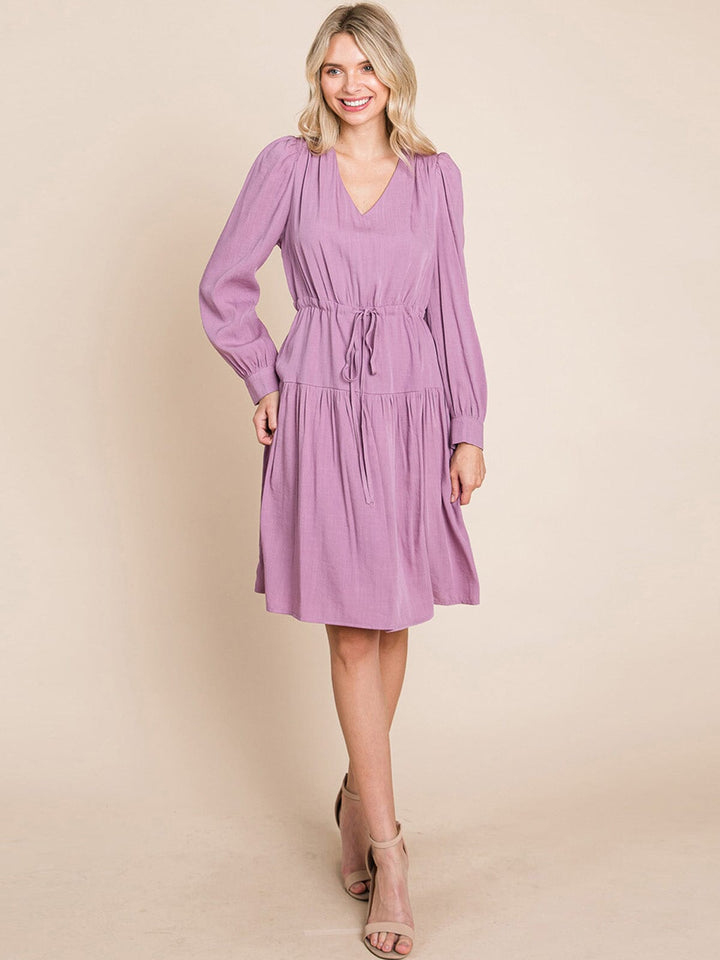WOMEN'S LONG SLEEVE V-NECK FIT & FLARE TIERED MIDI DRESS