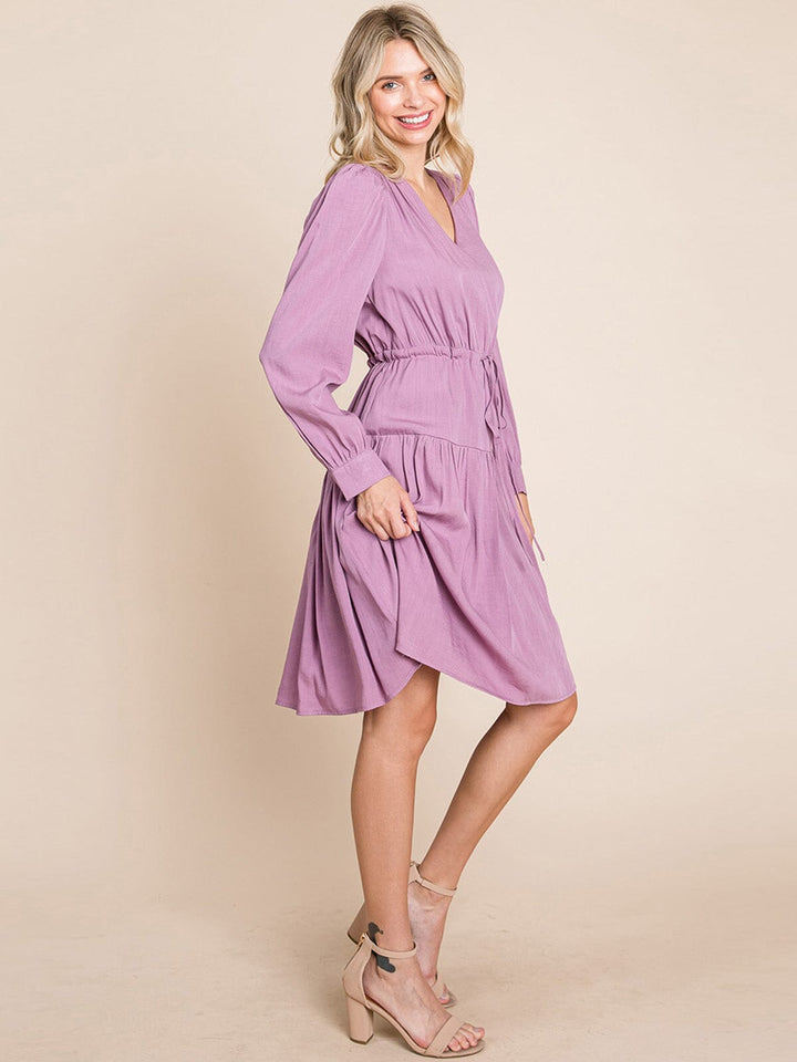 WOMEN'S LONG SLEEVE V-NECK FIT & FLARE TIERED MIDI DRESS