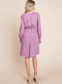 WOMEN'S LONG SLEEVE V-NECK FIT & FLARE TIERED MIDI DRESS