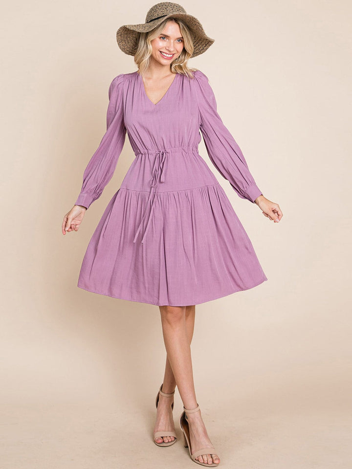 WOMEN'S LONG SLEEVE V-NECK FIT & FLARE TIERED MIDI DRESS