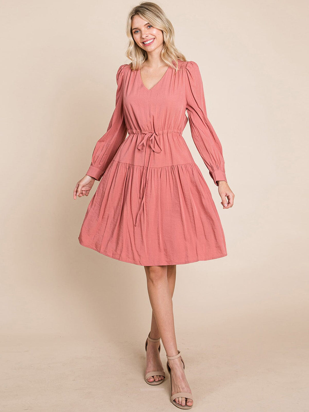 WOMEN'S LONG SLEEVE V-NECK FIT & FLARE TIERED MIDI DRESS