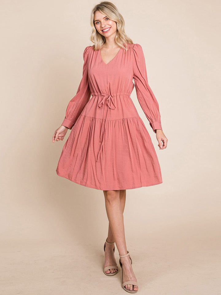 WOMEN'S LONG SLEEVE V-NECK FIT & FLARE TIERED MIDI DRESS