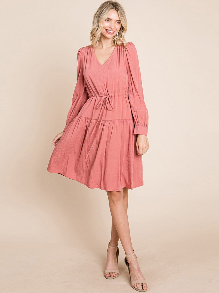 WOMEN'S LONG SLEEVE V-NECK FIT & FLARE TIERED MIDI DRESS