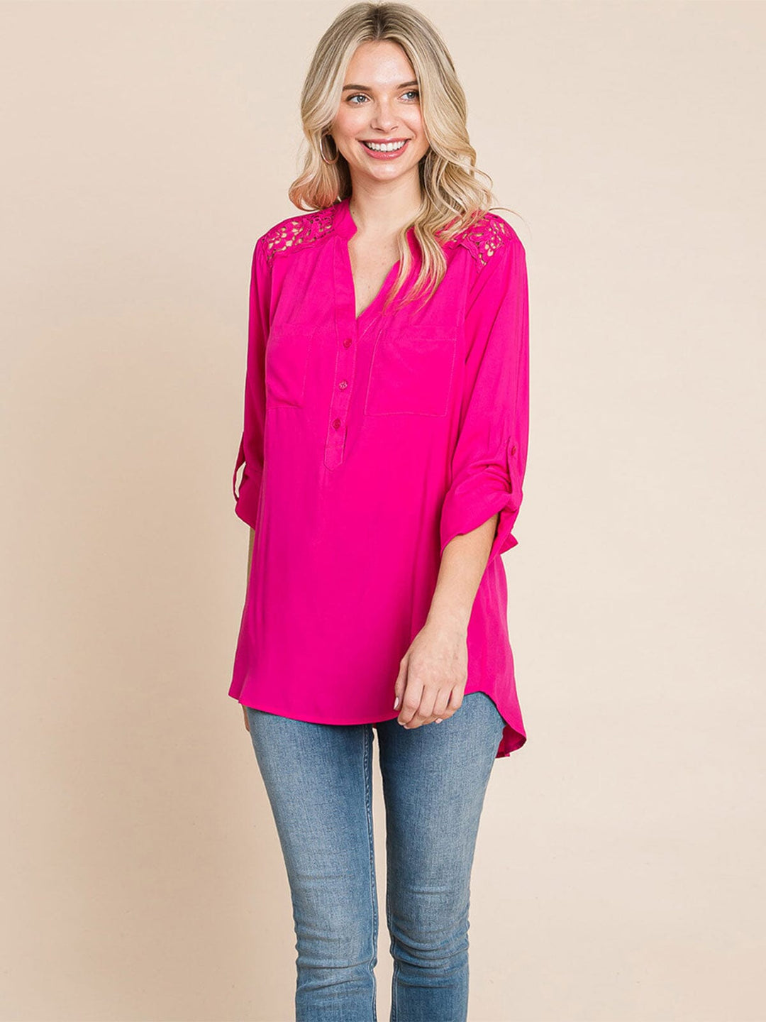 WOMEN'S LONG SLEEVE V-NECK BUTTON UP FRONT POCKETS HIGH-LOW TUNIC BLOUSE