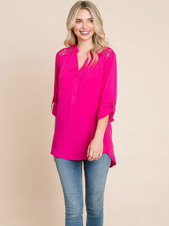 WOMEN'S LONG SLEEVE V-NECK BUTTON UP FRONT POCKETS HIGH-LOW TUNIC BLOUSE